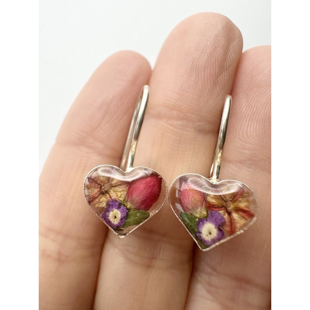 Sterling Silver Cased Dried Flowers Rose Buds Drop Heart Earrings